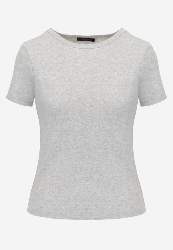 Born2be - Szary Dopasowany T-shirt z Prążkowanej Tkaniny z Bawełny Acalenos. Okazja: na co dzień. Kolor: szary. Materiał: bawełna, tkanina, prążkowany. Sezon: lato. Styl: elegancki, klasyczny, casual