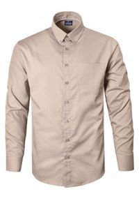 Lekko Taliowana Koszula Sportowa, Button Down - Pako Jeans - Beżowa. Okazja: na co dzień. Typ kołnierza: button down. Kolor: brązowy, wielokolorowy, beżowy. Materiał: bawełna. Styl: sportowy