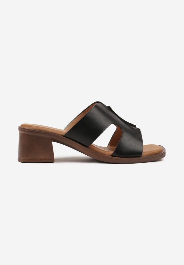 Renee - Czarne Klapki na Słupku z Geometryczną Cholewką Linamira. Okazja: na co dzień. Kolor: czarny. Materiał: jeans. Wzór: geometria. Sezon: lato. Obcas: na słupku. Styl: elegancki, casual