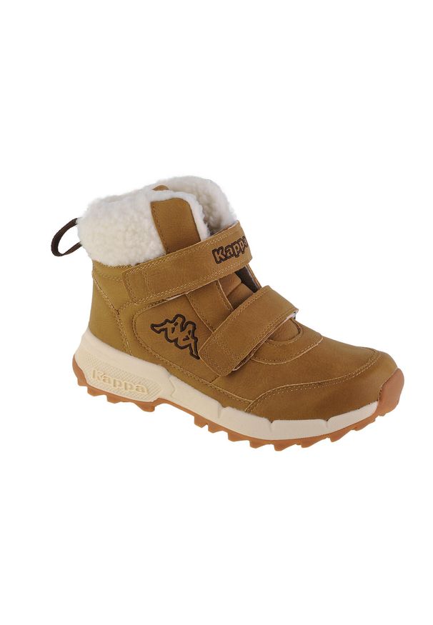 Buty do chodzenia dla dzieci Kappa Tapiwa K. Wysokość cholewki: za kostkę. Zapięcie: rzepy. Kolor: żółty, wielokolorowy, brązowy. Materiał: guma, skóra, tkanina, materiał, syntetyk. Szerokość cholewki: normalna. Sport: turystyka piesza