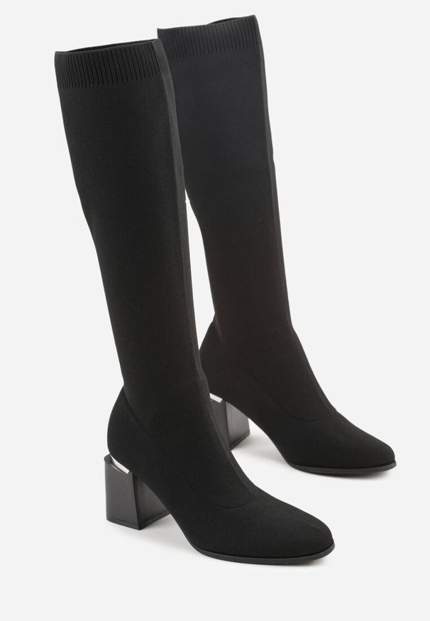 Renee - Czarne Eleganckie Kozaki VICES ze Skarpetkową Cholewką na Słupku z Aplikacją Raleana. Okazja: na imprezę. Zapięcie: bez zapięcia. Kolor: czarny. Szerokość cholewki: normalna. Wzór: aplikacja. Materiał: skóra. Obcas: na słupku. Styl: elegancki. Wysokość obcasa: średni