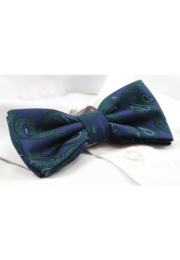 Mucha Męska Alties z Poszetką - Granat, Zielone Paisley. Kolor: niebieski. Wzór: paisley. Styl: sportowy, elegancki