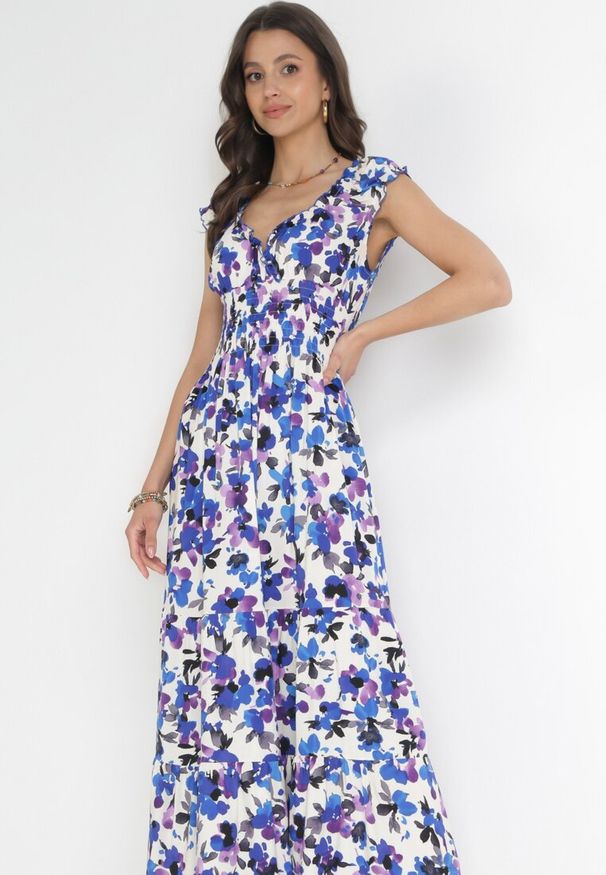 Born2be - Fioletowo-Niebieska Wiskozowa Sukienka Maxi z Kopertowym Dekoltem i Gumką w Talii Erian. Kolor: fioletowy. Materiał: wiskoza. Długość rękawa: bez rękawów. Wzór: kwiaty. Sezon: wiosna, lato. Typ sukienki: kopertowe. Długość: maxi