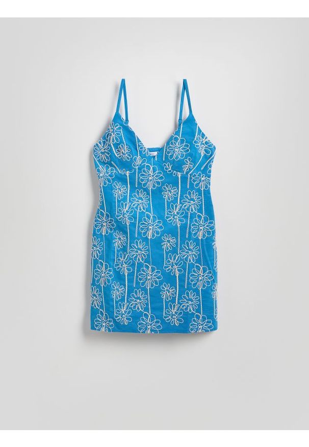 Reserved - Sukienka mini z haftem - niebieski. Kolor: niebieski. Materiał: wiskoza, tkanina. Wzór: haft. Długość: mini
