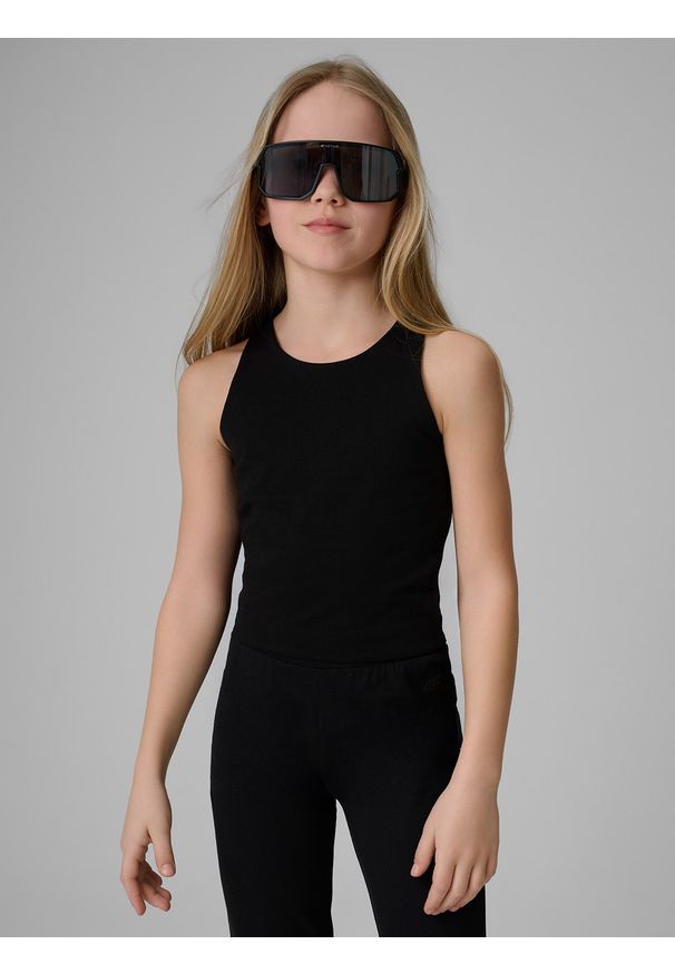 4f - 4F Crop top slim gładki dziewczęcy - czarny 164 (13-14 lat). Okazja: na co dzień. Kolor: czarny. Materiał: dzianina, skóra, materiał, bawełna. Długość: krótkie. Wzór: gładki. Sezon: lato. Styl: casual