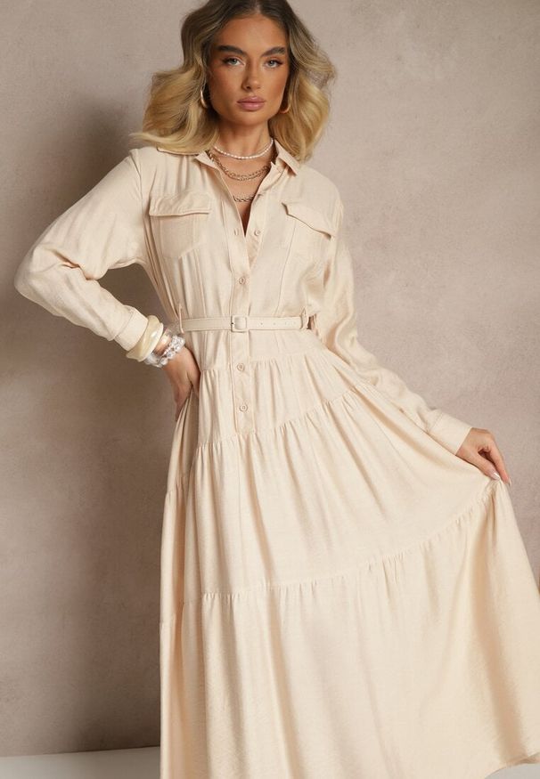 Renee - Beżowa Rozkloszowana Sukienka z Wiskozy z Guzikami i Paskiem Ronesa. Okazja: na co dzień. Kolor: beżowy. Materiał: wiskoza. Typ sukienki: proste. Styl: elegancki, casual