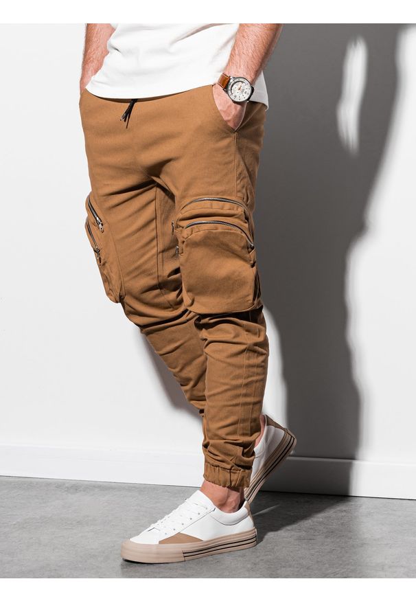 Ombre Clothing - Spodnie męskie joggery P996 - camel - XXL. Materiał: bawełna, elastan