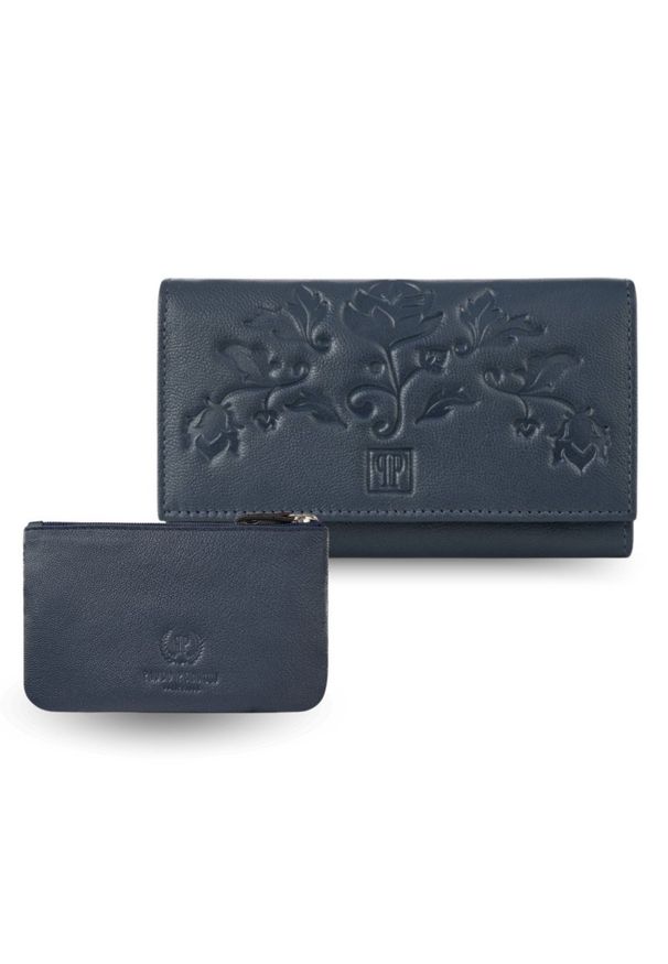 PAOLO PERUZZI - Portfel damski skórzany z kwiatowym wzorem T-45-DB etui na klucze T-51-NDB zestaw prezentowy Paolo Peruzzi ZUP-119-DB. Kolor: niebieski. Materiał: skóra. Wzór: kwiaty