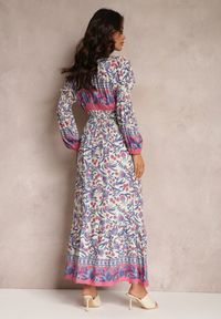Renee - Beżowo-Niebieska Sukienka Maxi w Kwiaty z Wiskozy Vellu. Kolor: beżowy. Materiał: wiskoza. Wzór: kwiaty. Styl: boho. Długość: maxi #3