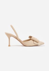 Born2be - Beżowe Szpilki z Imitacji Zamszu z Odkrytą Piętą i Aplikacją z Kokardą Asteodora. Nosek buta: otwarty. Kolor: beżowy. Materiał: zamsz. Wzór: aplikacja. Sezon: lato. Obcas: na szpilce. Styl: klasyczny. Wysokość obcasa: średni #2