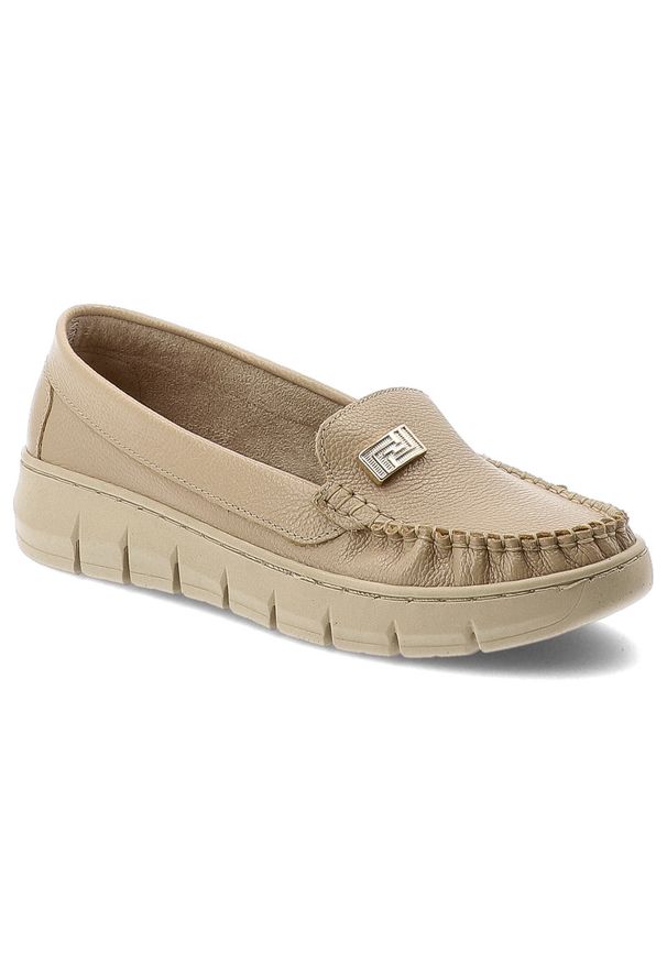 Mokasyny damskie Armodo, cholewka ze skóry naturalnej gładkiej klasyczna wsuwana konstrukcja z delikatnym przeszyciem, beżowe, 10167. Okazja: na co dzień. Kolor: beżowy. Materiał: skóra. Szerokość cholewki: normalna. Wzór: gładki. Styl: klasyczny