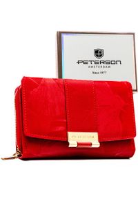 Portfel damski wykonany ze skóry ekologicznej w czerwonym kolorze w delikatne kwiaty - Peterson. Kolor: czerwony. Materiał: skóra ekologiczna. Wzór: kwiaty #1