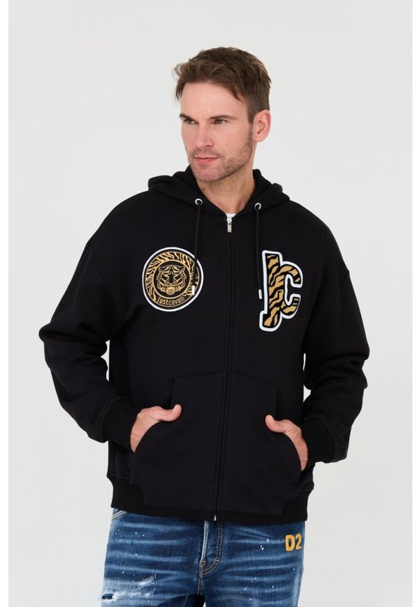 Just Cavalli - JUST CAVALLI Czarna męska bluza z kapturem Mix Patches, Rozmiar S. Typ kołnierza: kaptur. Kolor: czarny