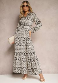 Renee - Czarno-Biała Casualowa Sukienka ze Sznurkiem w Pasie i Falbanką Carmarie. Okazja: na co dzień. Kolor: czarny. Materiał: satyna. Styl: casual