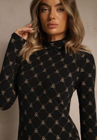 Renee - Czarna Bluzka Longsleeve Półgolf z Bawełny Ozdobiona Geometrycznym Nadrukiem Zantila. Okazja: na co dzień. Kolor: czarny. Materiał: bawełna. Długość rękawa: długi rękaw. Wzór: geometria, nadruk, aplikacja. Styl: elegancki, casual