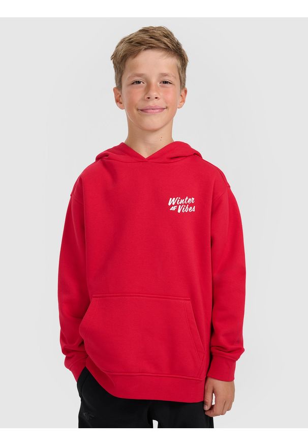 4f - 4F Bluza dresowa nierozpinana z kapturem chłopięca - czerwona 158/164 (12-14 lat). Typ kołnierza: kaptur. Kolor: czerwony. Materiał: dresówka. Sezon: lato