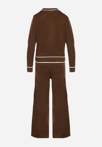 Born2be - Brązowy Dzianinowy Komplet Szerokie Spodnie i Kardigan z Lamówkami Gioresa. Kolor: brązowy. Materiał: dzianina. Wzór: gładki. Sport: turystyka piesza #5