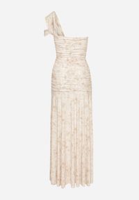 Born2be - Beżowa Taliowana Sukienka na Jedno Ramię w Kwiatowy Wzór Melanisea. Kolor: beżowy. Wzór: kwiaty. Styl: elegancki #5