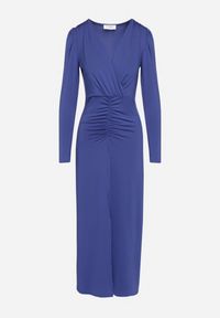 Born2be - Niebieska Elegancka Sukienka Kopertowa Ozdobiona Marszczeniami Zainara. Okazja: na imprezę, na spotkanie biznesowe. Typ kołnierza: dekolt kopertowy. Kolor: niebieski. Długość rękawa: długi rękaw. Wzór: aplikacja. Typ sukienki: kopertowe. Styl: elegancki #5