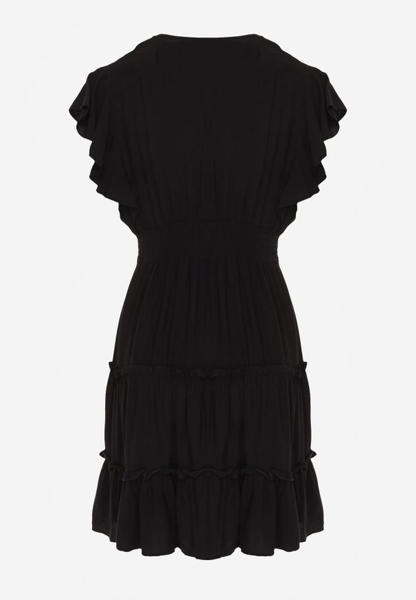 Born2be - Czarna Gładka Sukienka Mini Taliowana z Falbankami Wokół Ramion Zynnas. Typ kołnierza: kołnierz z falbankami. Kolor: czarny. Wzór: gładki. Sezon: lato. Długość: mini