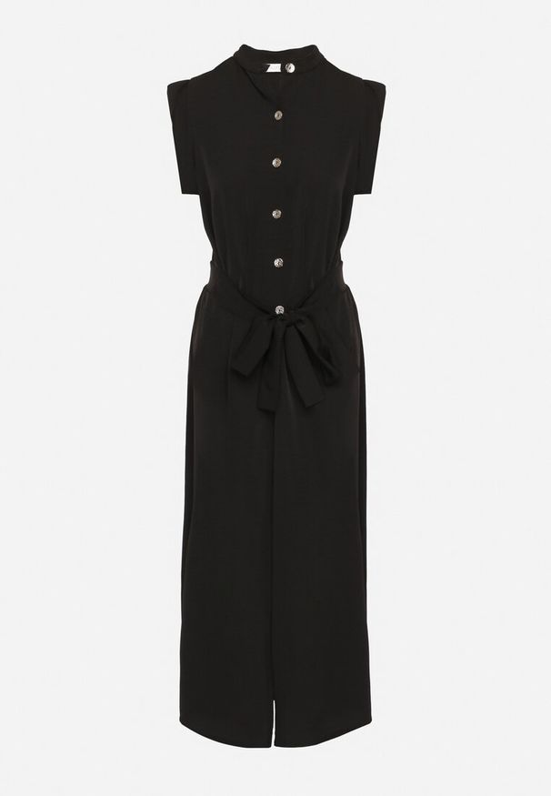 Born2be - Czarna Sukienka Koszulowa o Rozkloszowanym Kroju z Wiązaniem w Pasie Mavirielle. Okazja: na co dzień. Typ kołnierza: dekolt w serek. Kolor: czarny. Materiał: skóra. Długość rękawa: długi rękaw. Typ sukienki: koszulowe. Styl: casual, elegancki