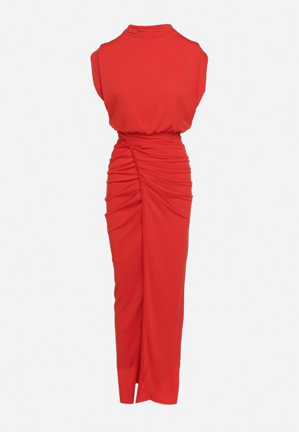Born2be - Czerwona Sukienka Maxi Dopasowana z Poduszkami w Ramionach i Rozcięciem na Boku Ocrana. Kolor: czerwony. Styl: elegancki. Długość: maxi