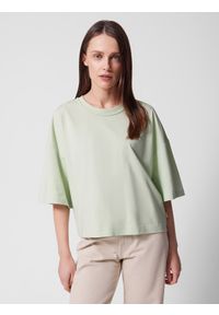 outhorn - T-shirt gładki damski Outhorn - zielony. Kolor: zielony. Materiał: bawełna, dzianina. Długość rękawa: krótki rękaw. Długość: krótkie. Wzór: gładki