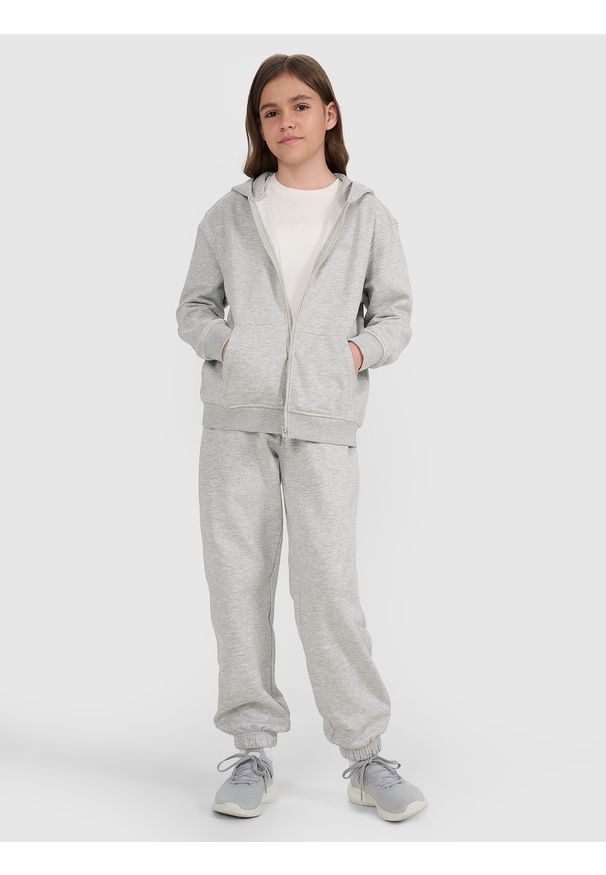 4f - 4F Bluza dresowa rozpinana z kapturem dziewczęca - szara 134 (8-9 lat). Okazja: na co dzień. Typ kołnierza: kaptur. Kolor: szary. Materiał: dresówka. Wzór: gładki, ze splotem. Sezon: lato. Styl: casual, sportowy