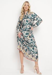 Born2be - Zielono-Beżowa Sukienka o Pudełkowym Fasonie z Satyny w Ornamentalny Print Alerosa. Kolor: zielony. Materiał: satyna. Wzór: nadruk #4