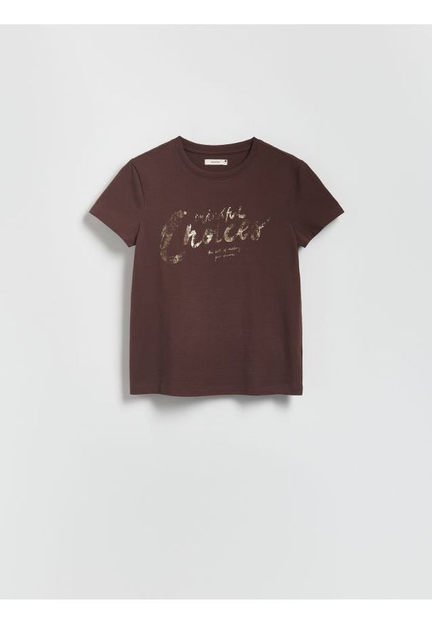 Reserved - T-shirt z połyskującym nadrukiem - beżowy. Kolor: beżowy. Materiał: dzianina, bawełna. Wzór: nadruk