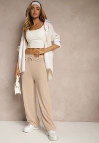 Renee - Beżowe Spodnie o Szerokim Kroju High Waist Savianne. Okazja: na co dzień. Stan: podwyższony. Kolor: beżowy. Sezon: wiosna. Styl: casual #4