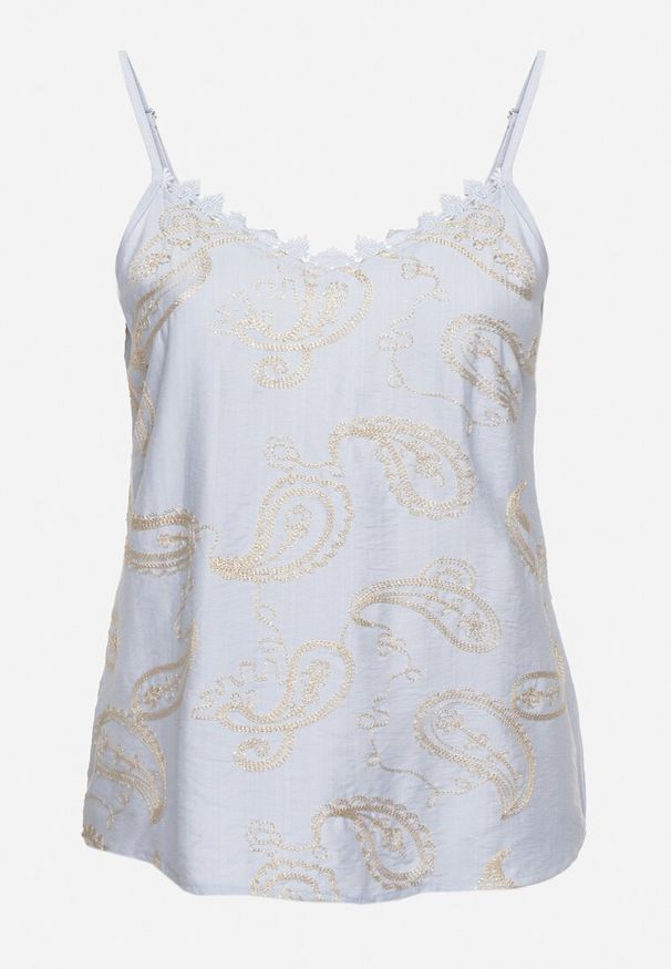 Born2be - Jasnoniebieski Top na Cienkich Ramiączkach z Haftem i Metaliczną Nicią Palinoria. Okazja: na co dzień, na spacer. Kolor: niebieski. Materiał: jeans. Długość rękawa: na ramiączkach. Wzór: haft. Styl: casual, klasyczny, elegancki