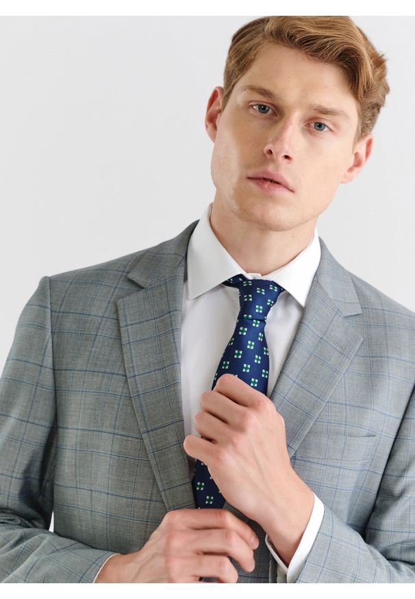 Pako Lorente - PAKO LORENTE – Szara marynarka garniturowa w niebieską kratę. Okazja: na co dzień. Kolor: wielokolorowy, niebieski, szary. Materiał: poliester, elastan, wiskoza. Sezon: lato. Styl: casual