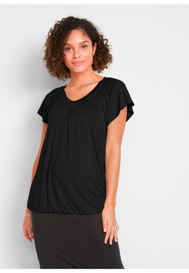 bonprix - T-shirt z mieszanki wiskozy. Typ kołnierza: dekolt w serek. Kolor: czarny. Materiał: wiskoza. Długość rękawa: krótki rękaw. Długość: krótkie