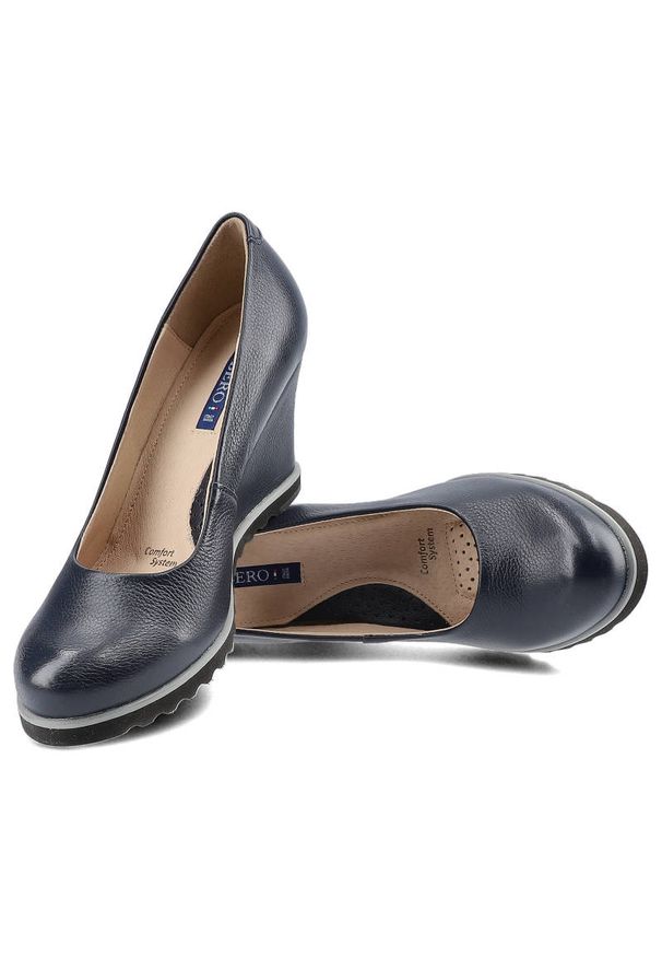 Granatowe Czółenka Damskie Libero Eleganckie Buty. Zapięcie: bez zapięcia. Kolor: niebieski. Materiał: skóra. Szerokość cholewki: normalna. Obcas: na koturnie. Styl: elegancki. Wysokość obcasa: średni