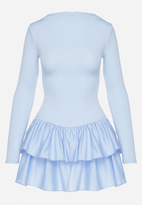 Born2be - Niebieska Rozkloszowana Sukienka z Długim Rękawem i Falbanką Reonaria. Okazja: na co dzień. Kolor: niebieski. Długość rękawa: długi rękaw. Styl: casual, elegancki