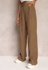 Renee - Brązowe Szerokie Spodnie z Zapięciem na Haczyk Brutris. Kolor: brązowy. Styl: elegancki