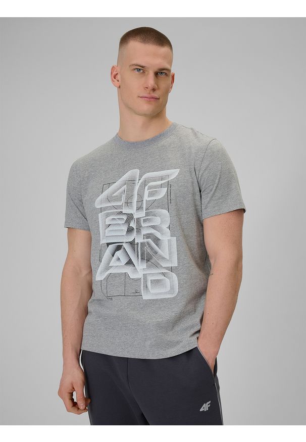 4f - 4F T-shirt regular z nadrukiem męski - szary M. Okazja: na co dzień. Kolor: szary. Materiał: dzianina, bawełna, materiał. Wzór: nadruk. Styl: casual