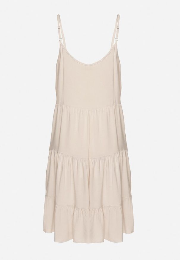 Born2be - Jasnobeżowa Rozkloszowana Sukienka z Bawełny na Ramiączkach z Falbanami Lilivane. Okazja: na spacer, na co dzień. Kolor: beżowy. Materiał: bawełna. Długość rękawa: na ramiączkach. Sezon: wiosna, lato. Typ sukienki: proste. Styl: casual