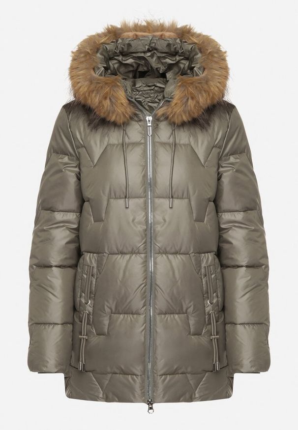 Born2be - Zielona Pikowana Kurtka z Kapturem z Odpinanym Futerkiem Galiara. Okazja: na spacer, na co dzień. Typ kołnierza: kaptur. Kolor: zielony. Materiał: futro. Styl: elegancki, casual