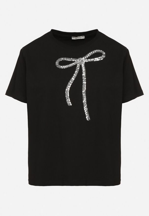 Born2be - Czarny T-shirt Oversize z Bawełny Zdobiony Kokardą z Cekinów Tenesela. Okazja: na co dzień. Typ kołnierza: kokarda. Kolor: czarny. Materiał: bawełna. Wzór: aplikacja. Styl: casual