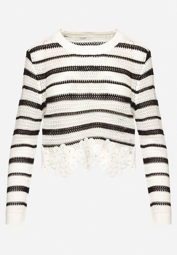 Born2be - Biało-Czarny Ażurowy Sweter Ozdobiony Koronką o Krótkim Kroju Ivelavira. Okazja: na co dzień. Kolor: biały. Materiał: koronka. Długość: krótkie. Wzór: ażurowy, aplikacja, koronka. Styl: elegancki, casual