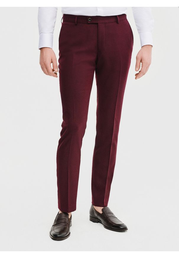 Pako Lorente - PAKO LORENTE – Spodnie garniturowe w kolorze bordowym. Okazja: na wesele, na co dzień, na ślub cywilny. Kolor: czerwony. Materiał: poliester, wiskoza, elastan. Styl: casual, elegancki