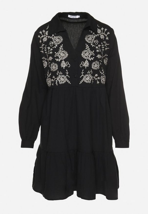 Born2be - Czarna Rozkloszowana Bawełniana Sukienka z Haftem Railenne. Okazja: na co dzień, na imprezę. Kolor: czarny. Materiał: bawełna. Wzór: haft. Typ sukienki: proste. Styl: casual, elegancki, klasyczny