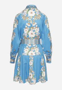 Born2be - Niebieska Sukienka Koszulowa w Kwiatowy Wzór z Bufiastymi Rękawami i Paskiem Aladira. Okazja: na co dzień. Kolor: niebieski. Wzór: kwiaty. Typ sukienki: koszulowe. Styl: elegancki, casual #2