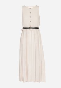 Born2be - Beżowa Sukienka Bez Rękawów z Plisami i Paskiem z Klamrą Iffale. Okazja: na spacer, na co dzień. Kolor: beżowy. Długość rękawa: bez rękawów. Styl: casual, klasyczny #3