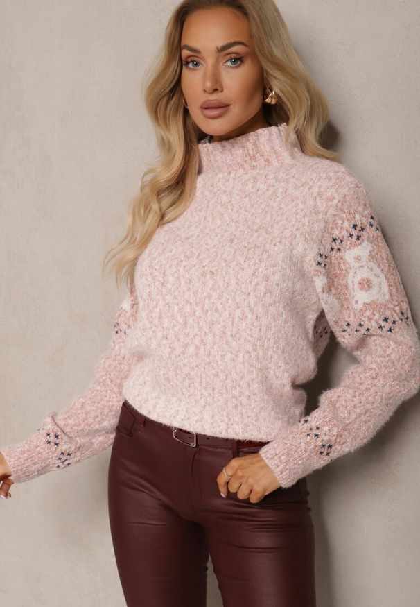Renee - Ciemnoróżowy Sweter z Wełną Ozdobiony Misiami i Ściągaczami Selirina. Okazja: na co dzień. Kolor: różowy. Materiał: wełna. Wzór: aplikacja. Styl: casual