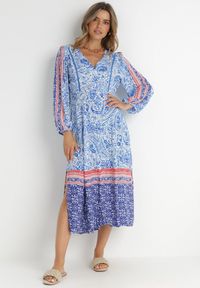 Born2be - Niebieska Sukienka Panithoe. Kolor: niebieski. Wzór: aplikacja. Styl: wakacyjny, klasyczny. Długość: midi #1