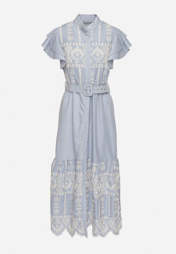 Born2be - Niebieska Sukienka Boho o Rozkloszowanym Kroju z Haftem Falbanami i Paskiem Callindra. Okazja: na co dzień. Typ kołnierza: kołnierzyk stójkowy. Kolor: niebieski. Materiał: jeans. Wzór: haft. Typ sukienki: proste, rozkloszowane. Styl: boho