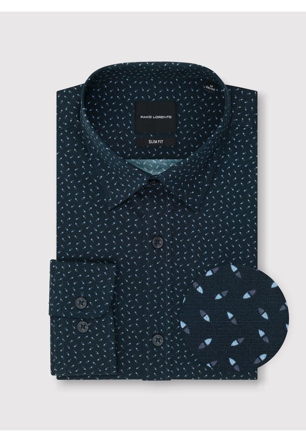 Pako Lorente - PAKO LORENTE – Granatowa koszula we wzór geometryczny. Kolor: niebieski. Materiał: bawełna, elastan. Długość rękawa: długi rękaw. Długość: długie. Wzór: geometria